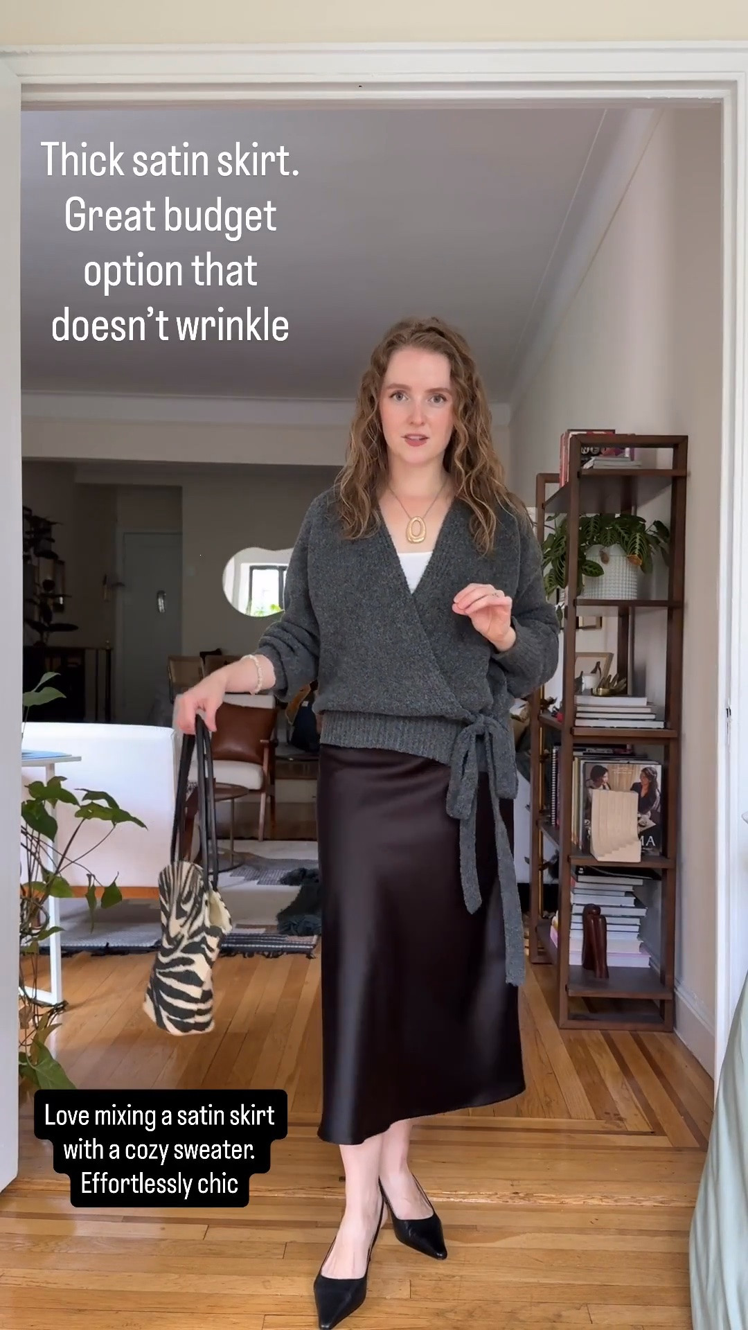 Comfy fall skirt outfit. Love that this satin skirt doesn’t wrinkle easily, is thick material & elastic waist. I’m 5ft 2 wearing small. Sweater is xs/s

#LTKSeasonal