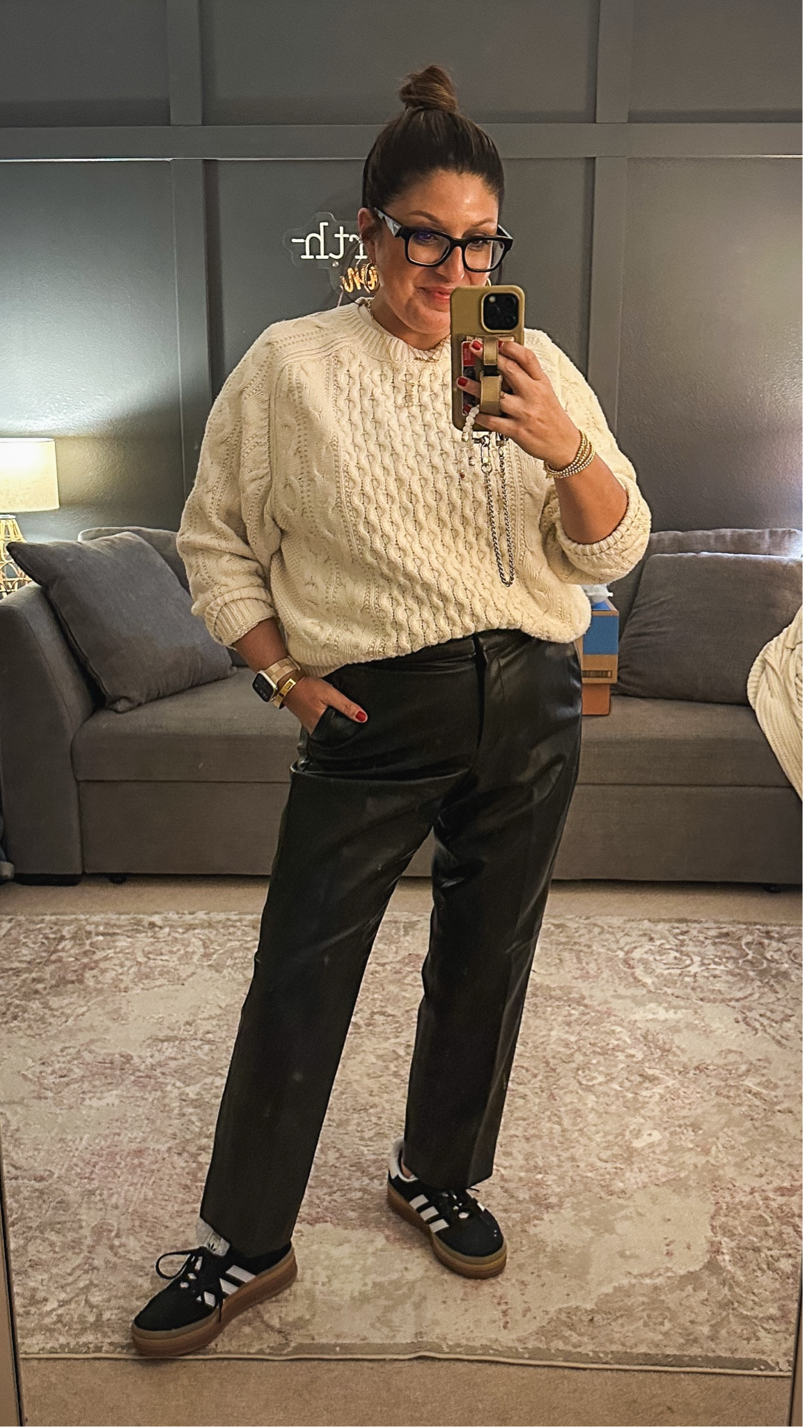 Chunky sweater (XL), vegan leather pants (12), adidas  

#LTKOver40 #LTKSaleAlert #LTKMidsize