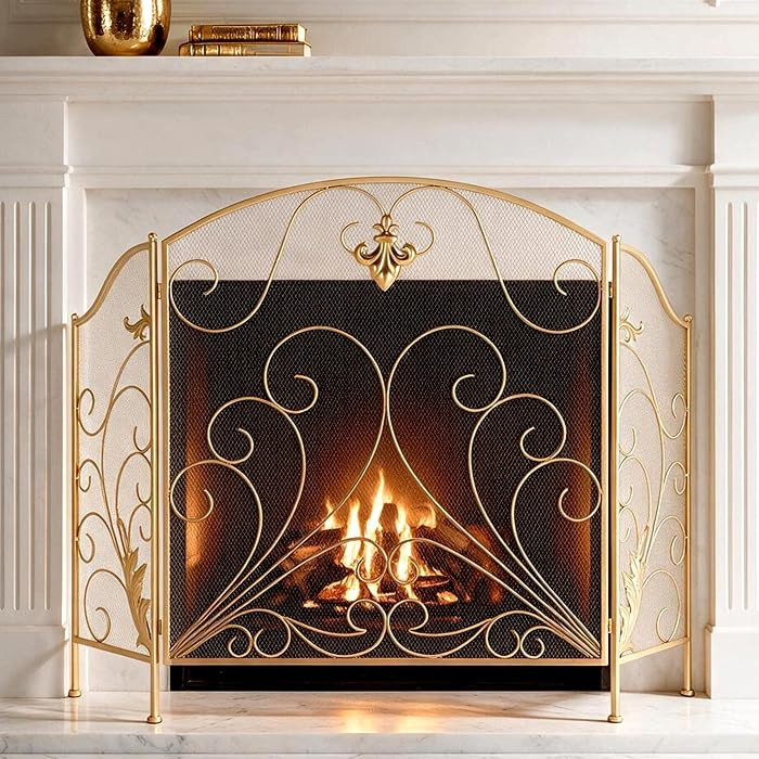 50 x 33.6 Inch 3-Panel Foldable Wrought Iron Fireplace Screen | Amazon (US)