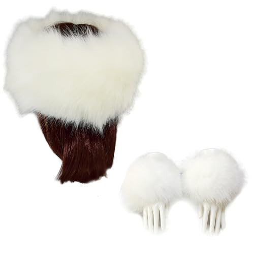 Women's Faux Fur Headband & Wrist Cuffs Set, Fluffy Fashion Cossack Style Headwear Wrist Cuffs (White) | Amazon (US)