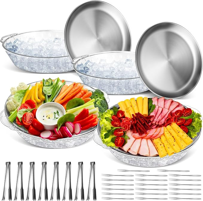 4 Sets 11.8" Chilled Serving Tray for Parties Round Iced Platter with Ice Underneath Stainless St... | Amazon (US)