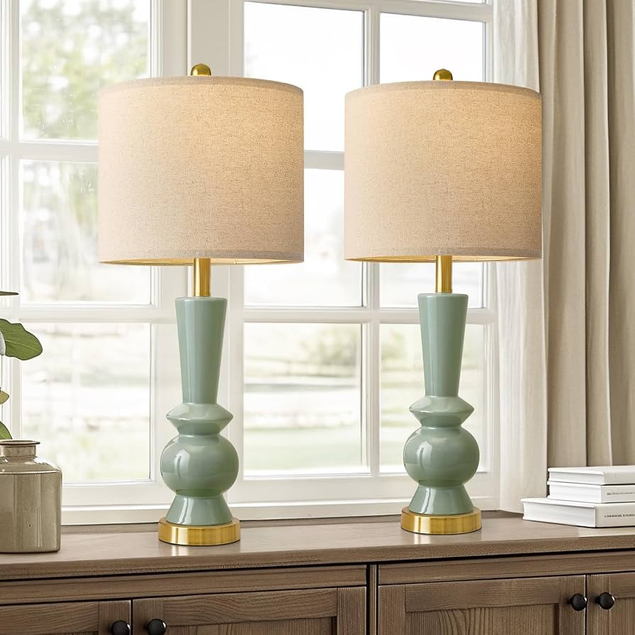 PORTRES 27" Modern Ceramic Table Lamp Set of 2 for Living Room Green & Gold Bedside Lamps for Bed... | Amazon (US)