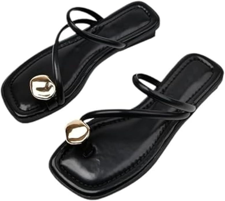 Women's Leather Strappy Flat Metal Toe Ring Sandals Fashionable Square Open Toe Low Block Heel Sl... | Amazon (US)