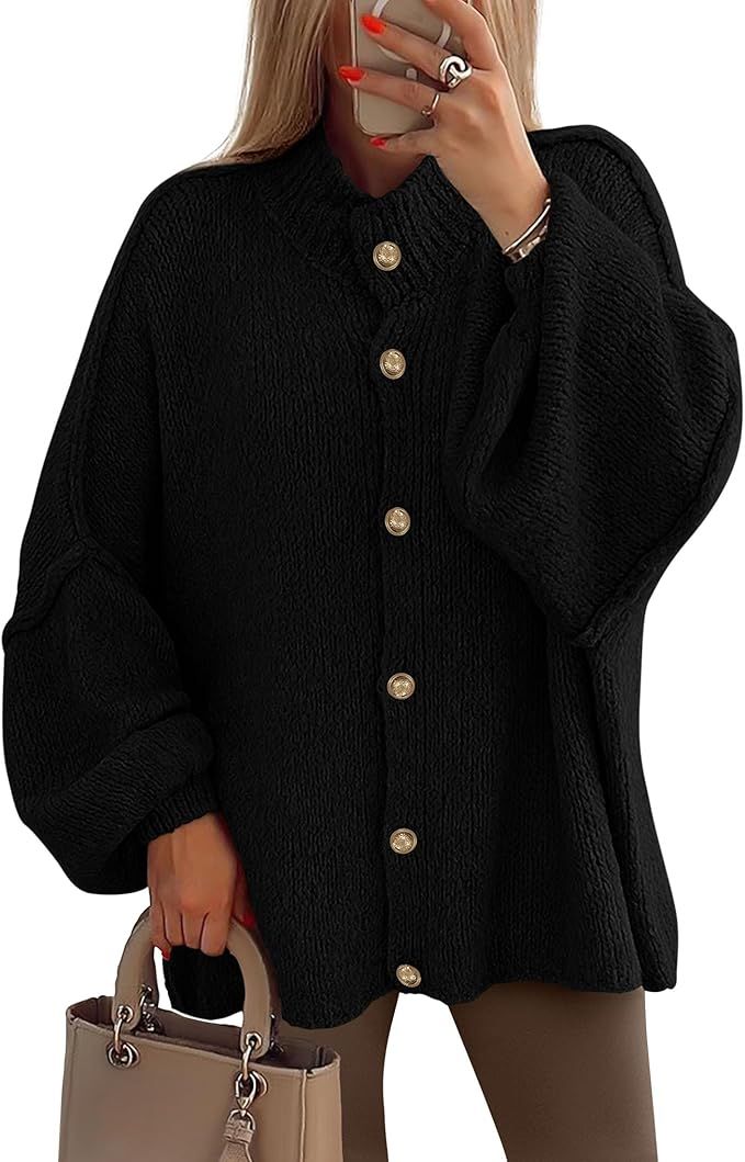 PRETTYGARDEN Women's Winter Button Down Cardigan Sweaters Mock Neck Lantern Long Sleeve Chunky Kn... | Amazon (US)