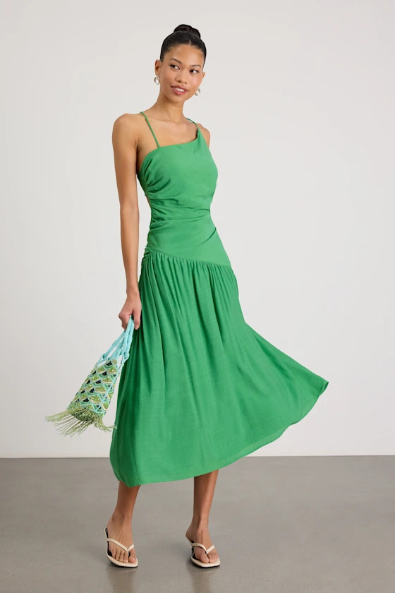 Jedda Green Drop Waist Lace-Up Midi Dress | Lulus