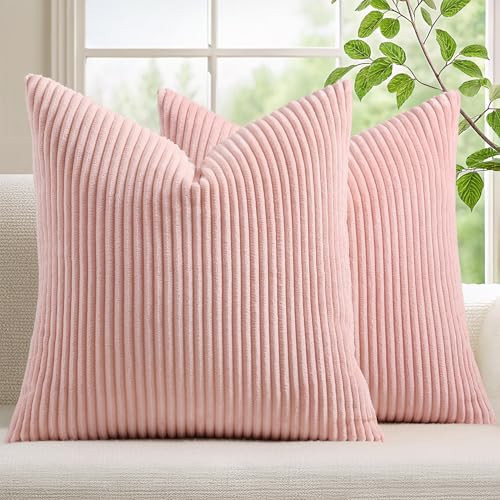 Mecatny Corduroy Decorative Throw Pillow Covers 20x20 Set of 2 for Sofa Living Room, Soft Neutral Boho Couch Pillow Covers for Home Decor, Pink | Amazon (US)