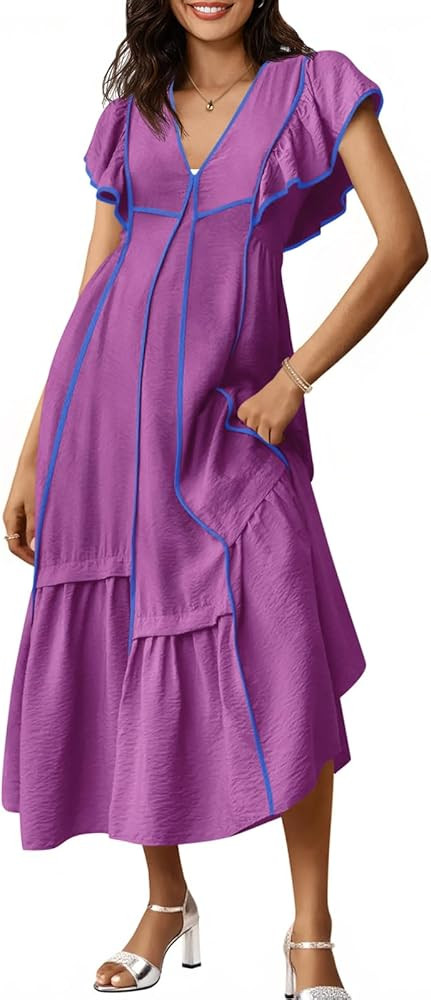 Wenrine Womens Summer V Neck Midi Dress Casual Ruffle Sleeve Contrast Color Loose Fit Flowy Long ... | Amazon (US)