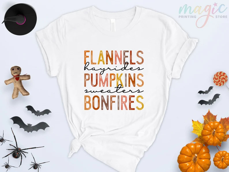 Flannels Hayrides Pumpkins Sweaters Bonfires Shirt, Thanksgiving Shirt, Pumpkin Shirt, Fall Shirt... | Etsy (US)