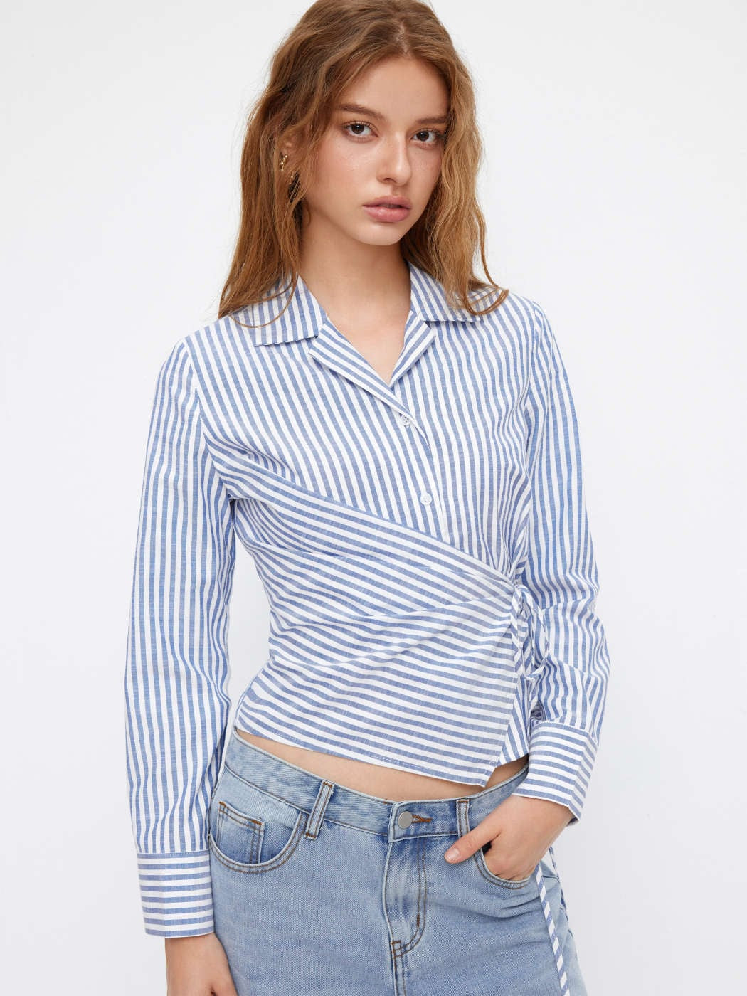 Woven Cotton-blend Collar Stripe Knotted Shirt For Work | Cider