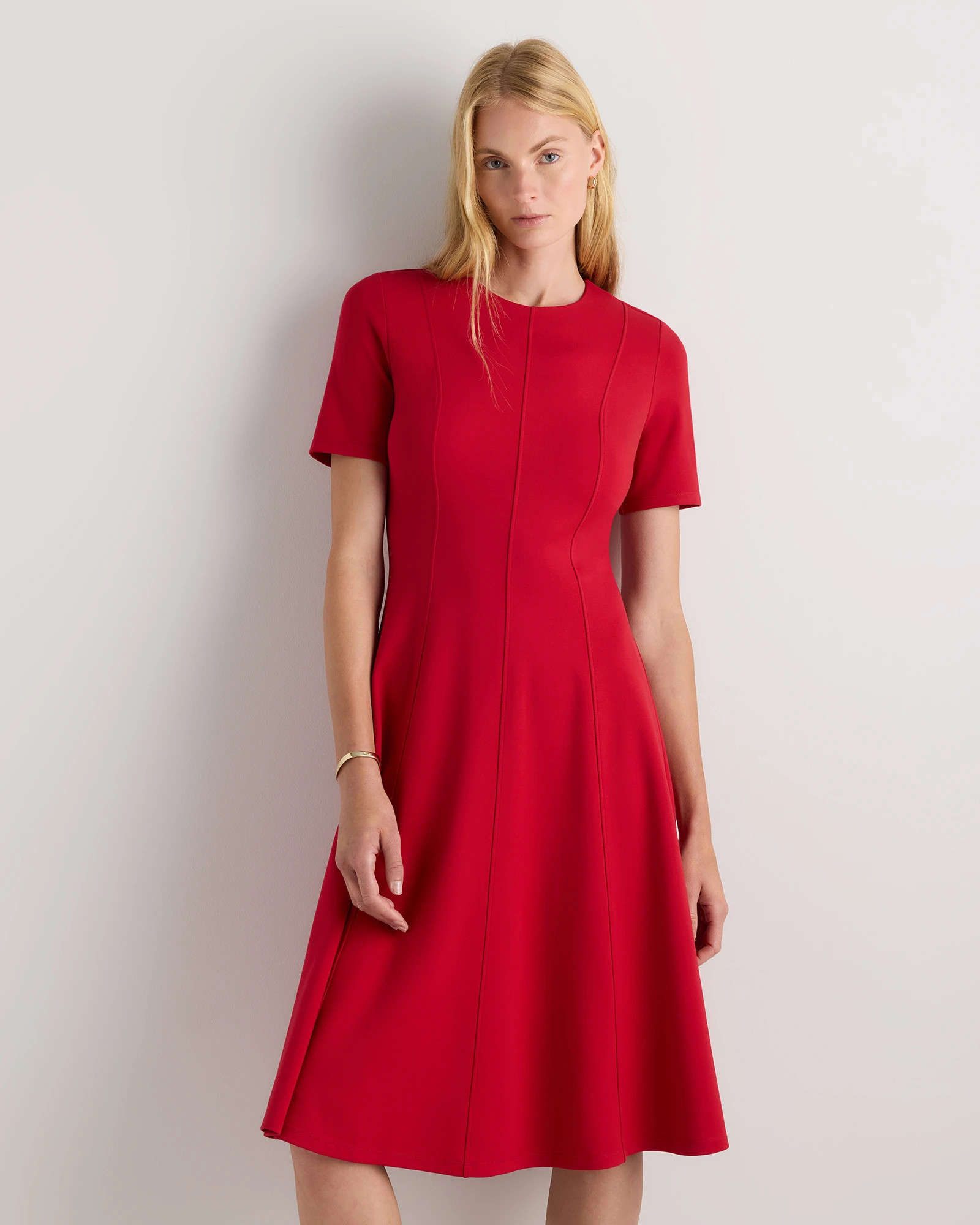 Quince | Women's Ultra-Stretch Ponte Short Sleeve Midi Dress in Black, Size XS, Rayon | Quince