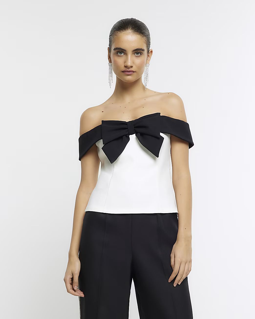 White bow detail bardot top | River Island (UK & IE)