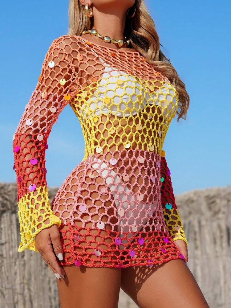 Swim Vcay Women's Colorful Beaded Sequin Net Cover-Up Dress, Round Neck Long Crochet Sleeve Beach Vacation Dress For Summer | SHEIN