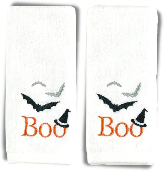 Decorative Halloween Fingertip Towels: Plush White Embroidered Cotton Spooky Boo Bat Design, 2 Pi... | Amazon (US)
