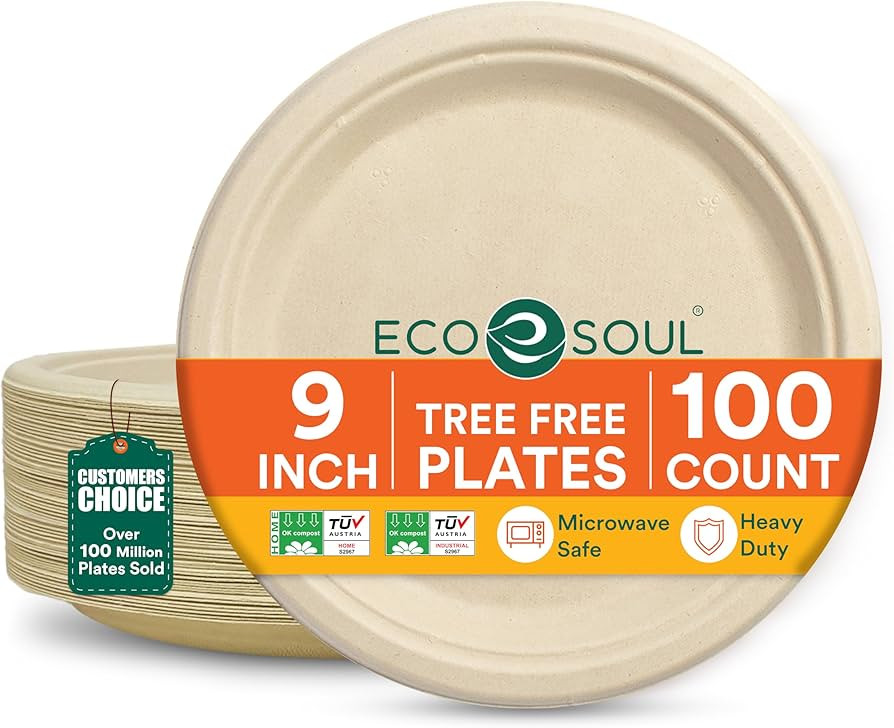 ECO SOUL Compostable 9 Inch(100-Pack) Biodegradable Heavy-Duty Disposable Eco-Friendly Paper Plat... | Amazon (US)