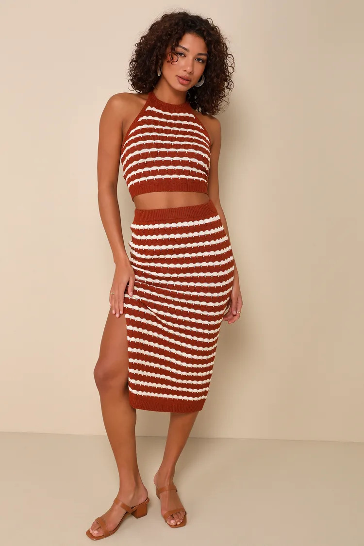 Sensational Aesthetic Rust Orange Striped Two-Piece Midi Dress | Lulus