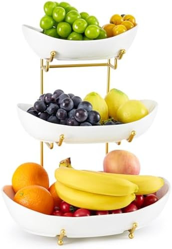 Ceramic Fruit Bowl for Kitchen Counter - 3 Tier Fruit Basket with Metal Stand, Tiered Fruit Stand... | Amazon (US)