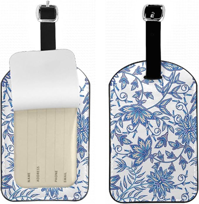 Blue Flower Leather Luggage ID Tag Geometric Leaves Paisley Baggage Tags with Full Privacy Cover ... | Amazon (US)