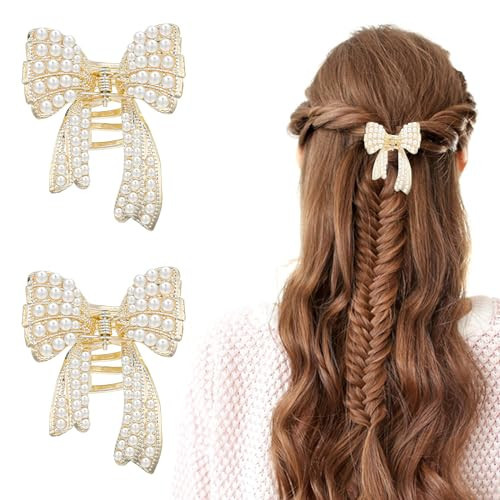 2Pcs Butterfly Pearl Hair Claw Clip Sweet Metal Bowknot Hair Claw Barrettes Small Fancy Non-Slip Bow Claw Clip Hair Accessories for Women Girls Thick Thin Short Curl Wedding Birthday Styling | Amazon (US)