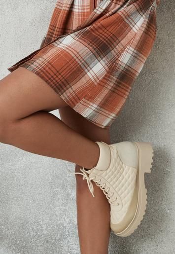 Cream Quilted Lace Up Ankle Boots | Missguided (US & CA)
