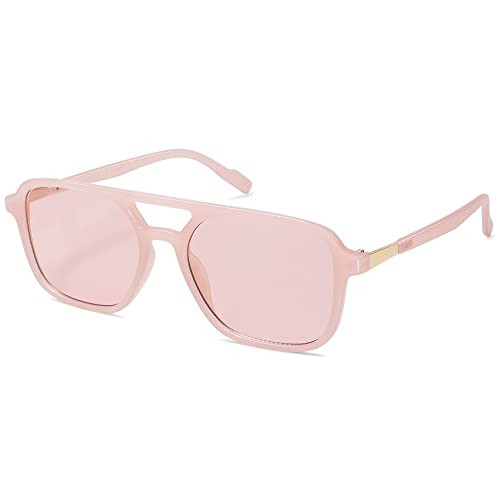 SOJOS Retro Aviator Sunglasses for Women Men,Trendy Rectangle Womens Mens Shades Sun Glasses SJ2202 Milky Pink with Light Pink Lens | Amazon (US)