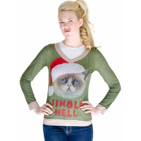 Faux Real Womens Jingle Hell Angry Kitty Cat Ugly Christmas Sweater T-Shirt Lg | Walmart (US)