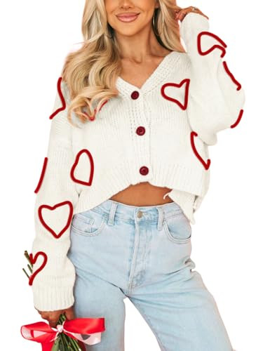 Wyeysyt Valentine Heart Sweater Cardigan for Women Cropped Knit Sweater Cute Button Down V Neck Cardigan(White-L) | Amazon (US)