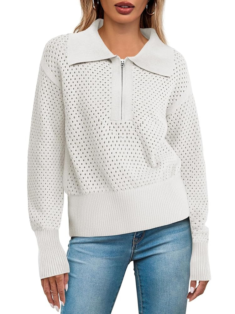 Women's Half Zip Pullover Sweaters Crochet Lapel Collar Long Sleeve Knit Solid Color Jumper Tops | Amazon (US)