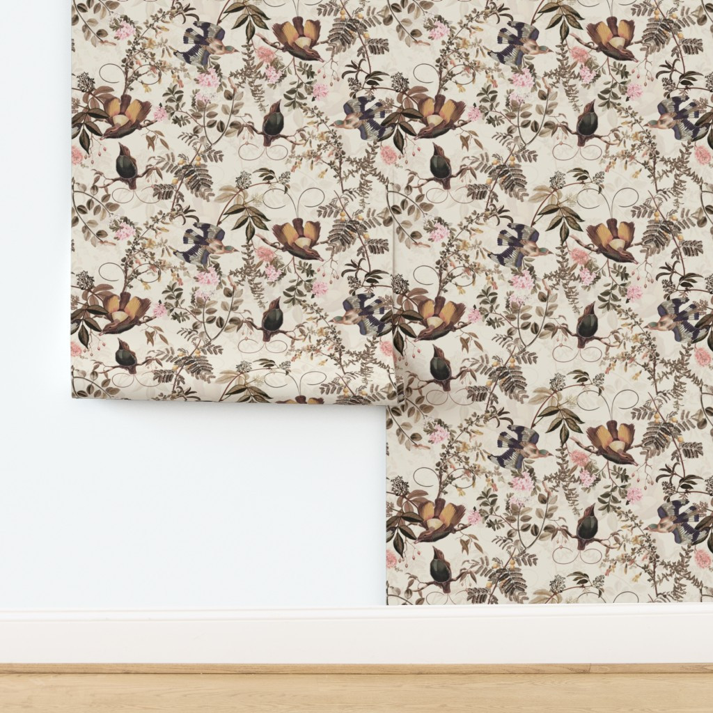 Vintage Birds of Paradise in the Nostalgic Tropical Flower Greenery Jungle - light sepia - double... | Spoonflower