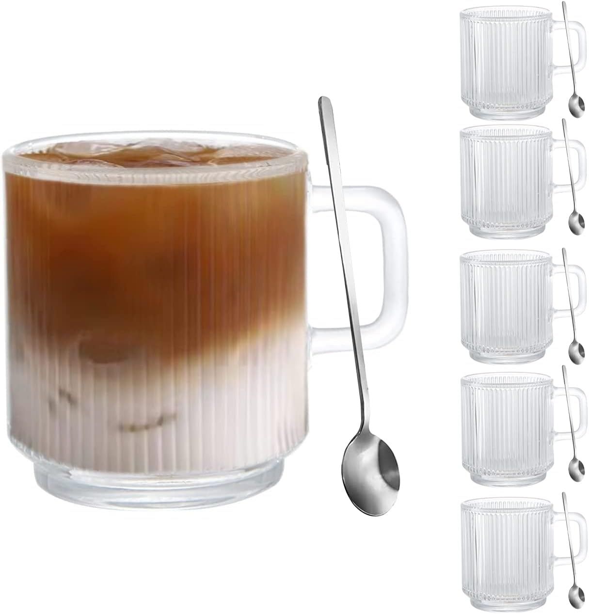 D.M DESIGN·MASTER [6 PACK, 12 OZ - Premium Vertical Stripes Glass Coffee Mugs with Spoons. Trans... | Amazon (US)