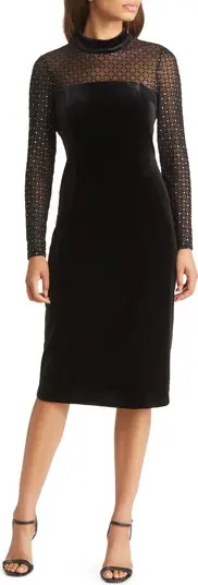 Beaded Yoke Mixed Media Long Sleeve Sheath Dress | Nordstrom