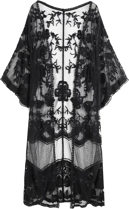 Romanstii Women's Lace Cardigan Floral Crochet Sheer Beach Cover Ups Long Kimono | Amazon (US)
