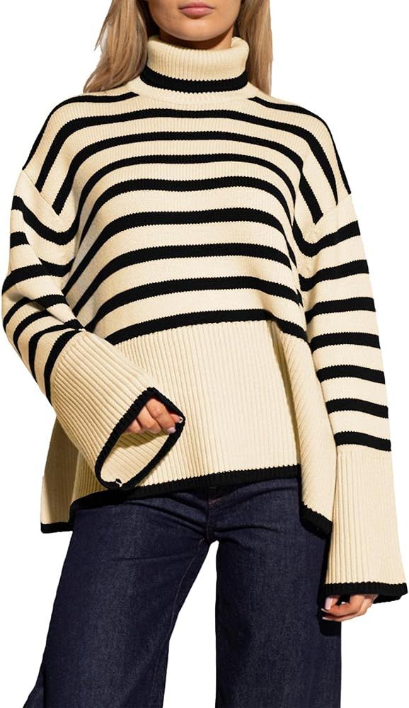 Women's Striped Turtleneck Sweater Long Sleeve Oversized Knitted Soft Pullover Sweaters Side Spli... | Amazon (CA)