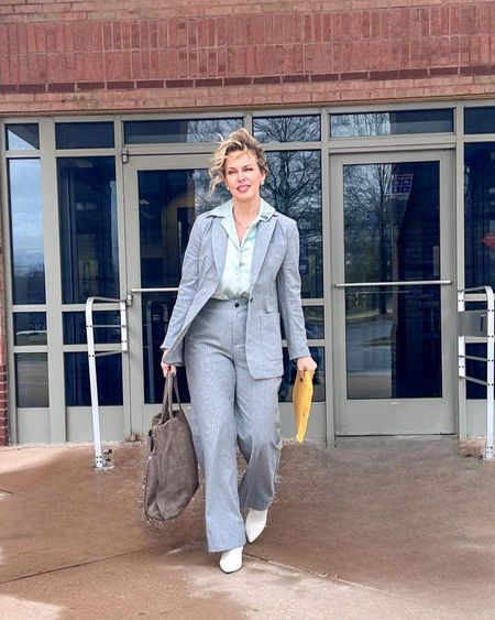 A soft gray suit for now and later too, fresh from an all-new Banana Republic! The pant and the blouse are available in petite which is what I bought. I love it paired with ivory boots. A soft, brown, nude or metallic would work well too. 

#LTKstyletip #LTKover40 #LTKworkwear