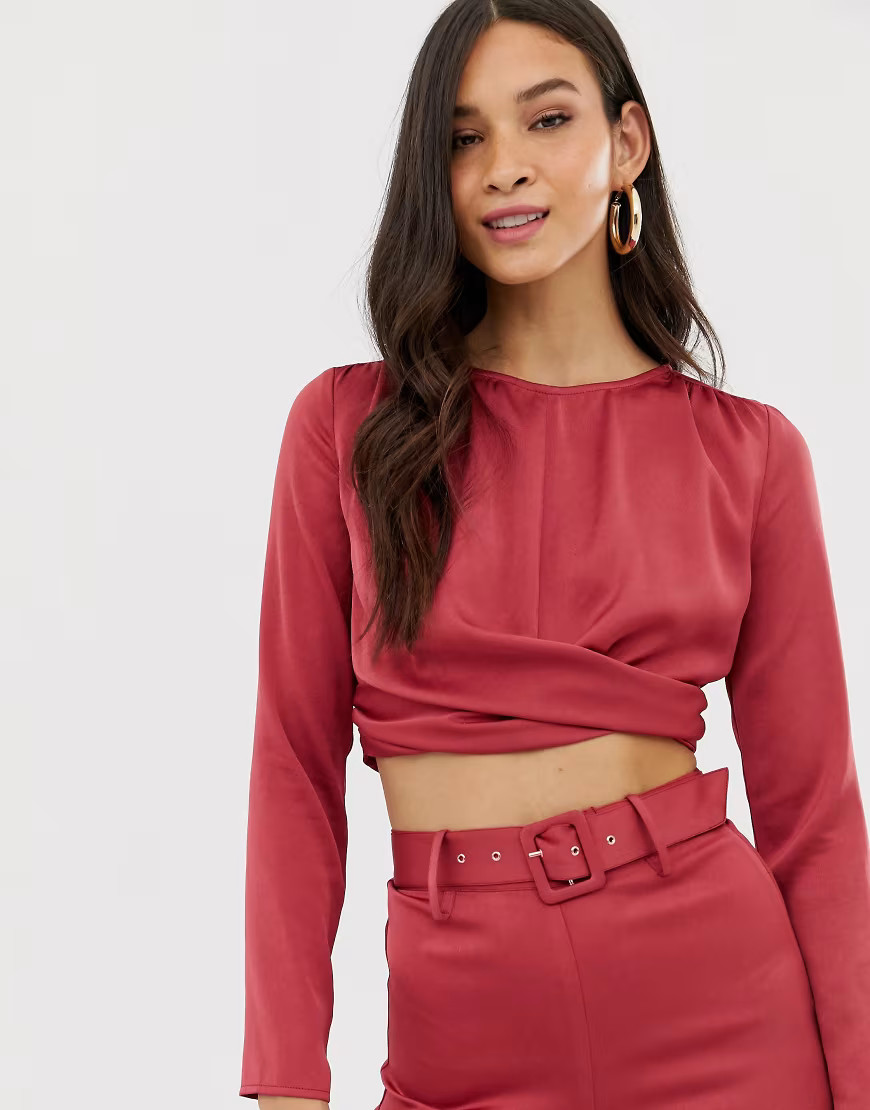 The Girlcode satin long sleeve crop top with twist detail in cranberry-Red | ASOS (Global)
