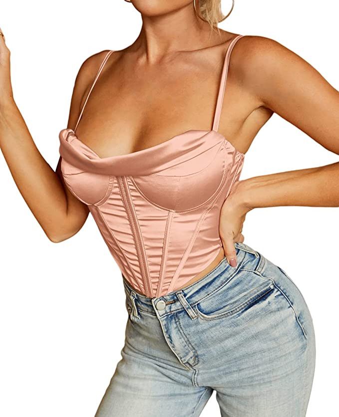 Satin Spaghetti Strap Party Crop Top Rave Cute Zip Back Outfits Corset Y2K Fashion Bustiers for W... | Amazon (US)