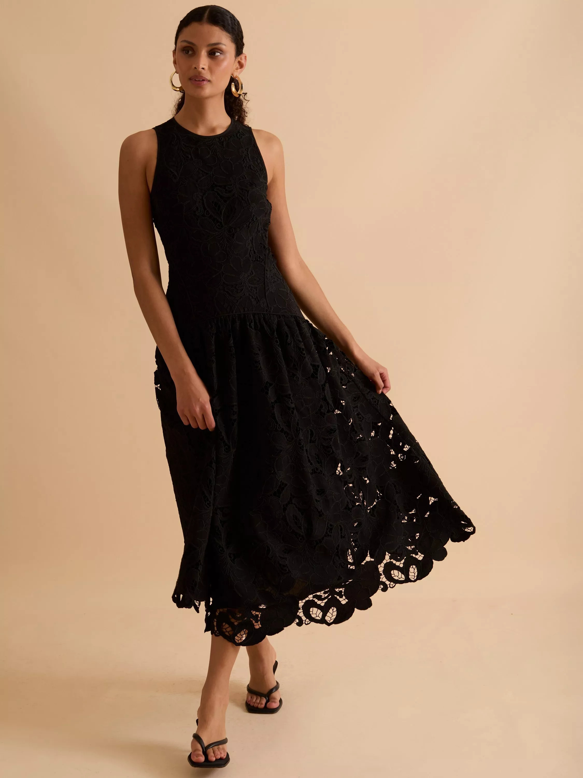 FLORERE Panelled Lace Midi Dress, Black | John Lewis (UK)