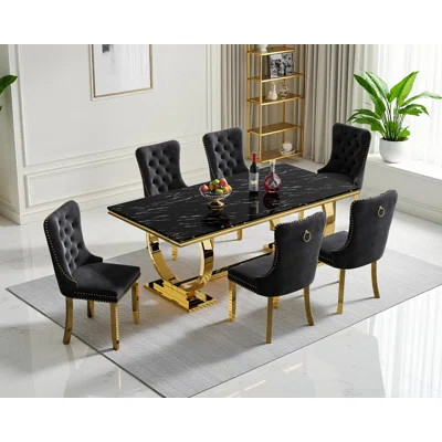 Luxury 68" Faux Marble Dining Table Set, Modern Dining Room Table with Dining Chairs, Black Dining Table with Faux Marble Top & Stainless Steel Pedest | Wayfair North America