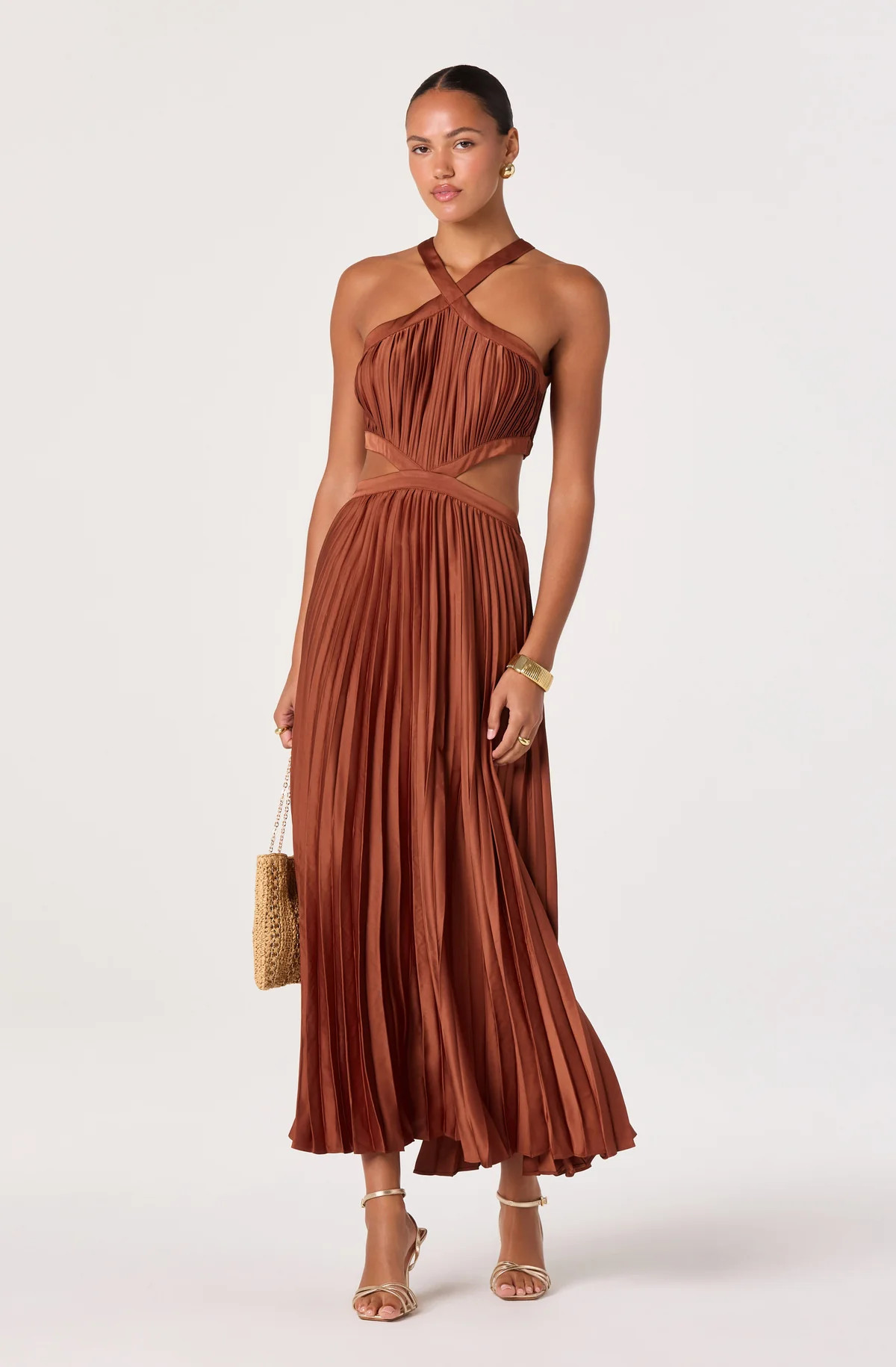 Vera Cutout High-Neck Satin Maxi Dress - Rust / M | ASTR The Label (US)