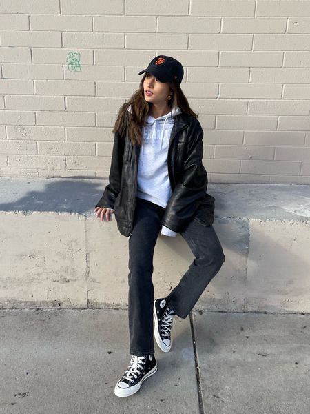 Casual fashion streetwear baggy baseball cap hat oversized leather jacket high waisted denim jeans chuck all star converse grey hoodie

#LTKFind #LTKSeasonal #LTKstyletip