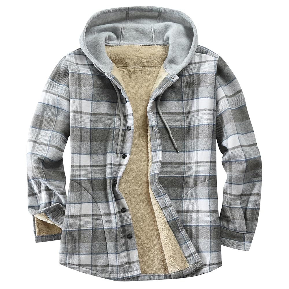 Men's Cotton Plaid Shirts Jacket Fleece Lined Flannel Shirts Sherpa Button Down Jackets with Hood... | Amazon (US)