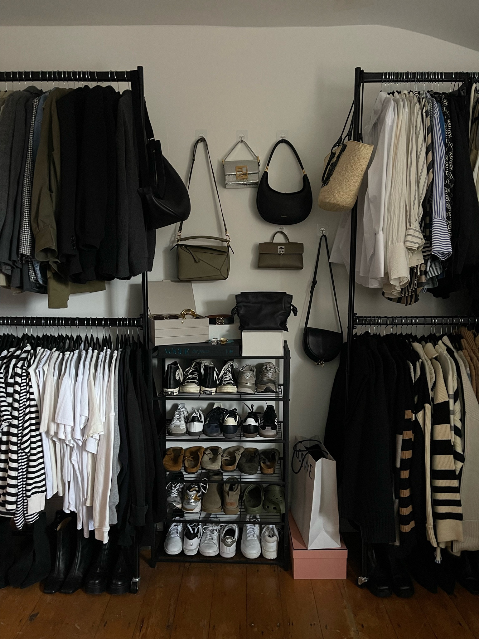 My spare room/clothes room
I have two two-tier clothes rails from Amazon, exact measurements: 4ft x 7ft 2 inches in height, I’ve linked the exact ones but they’re annoyingly current available 

The shoe rack I bought 3 years ago also from Amazon, it’s a 6 tier black metal shoe rack again it’s unavailable now so I’ve tried to find similar 

#LTKhome