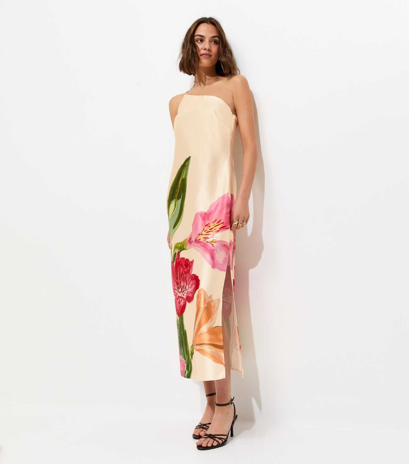 Cream Satin Floral One Shoulder Midi Dress | New Look | New Look (UK)