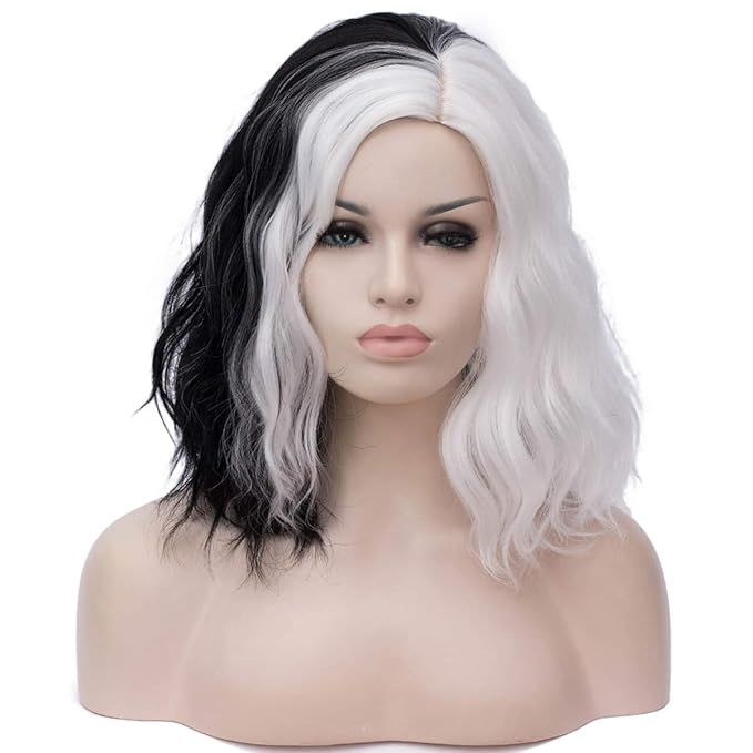 Mildiso Black White Wigs for Cruella Women 14‘’ Short Bob Wavy Soft Hair Wig, Cute Wigs for P... | Amazon (US)
