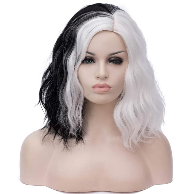 Mildiso Black and White Cruella Deville Wig for Women Cruella Deville Costume Short Curly Wavy Ha... | Amazon (US)