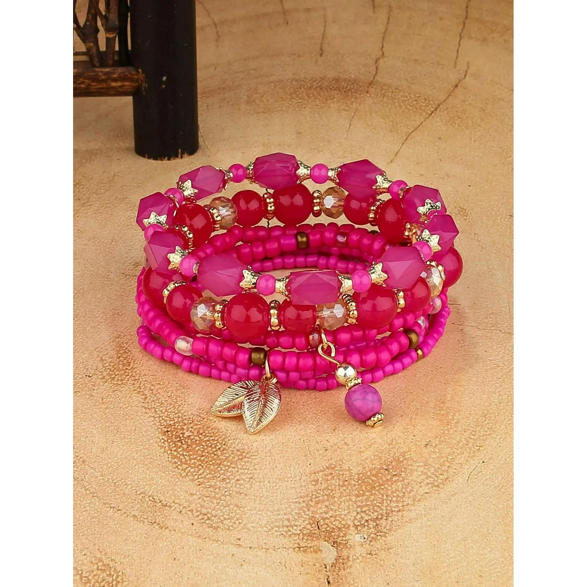 EOEMY 4Pcs Leaf Charm Hot Pink Set Beaded Bracelet Women Bracelet Stackable Bracelet-Default | Walmart (US)