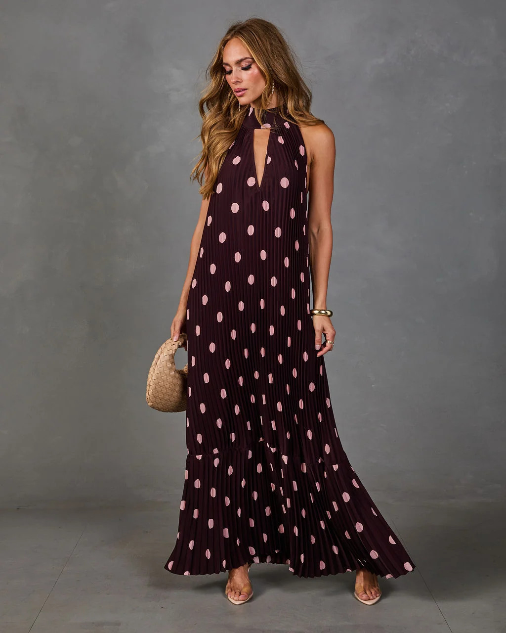 Charm School Polka Dot Halter Neck Maxi Dress Brown Multi / XL | VICI