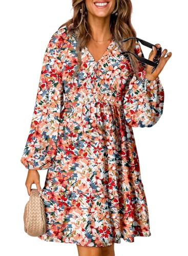 Dokotoo Spring Dresses for Women 2026 Casual Boho Floral V Neck Long Sleeve Smocked Waist A-Line Cute Swing Dress Country Concert Outfits Beach Vacation Clothes Flowy Sundresses Multicolored Small | Amazon (US)