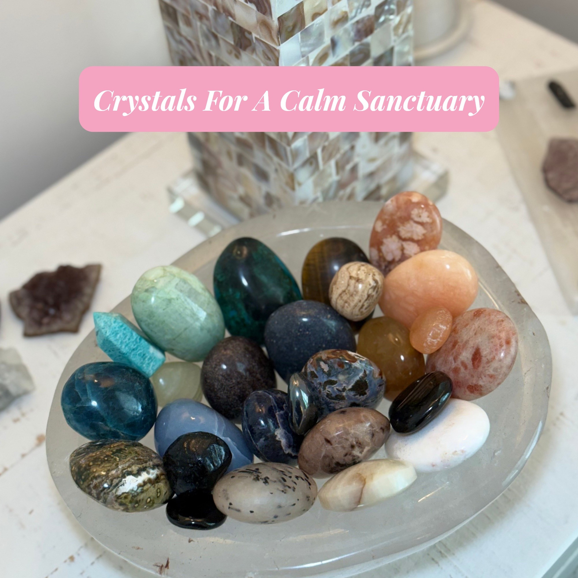 Crystals are a big part of my sanctuary. I keep a large quartz bowl filled with touchstone-sized stones to bring calm, balance, and peaceful energy into my space.

I linked similar crystal pieces for you. 

#LTKselfcare #LTKHome #LTKvlog