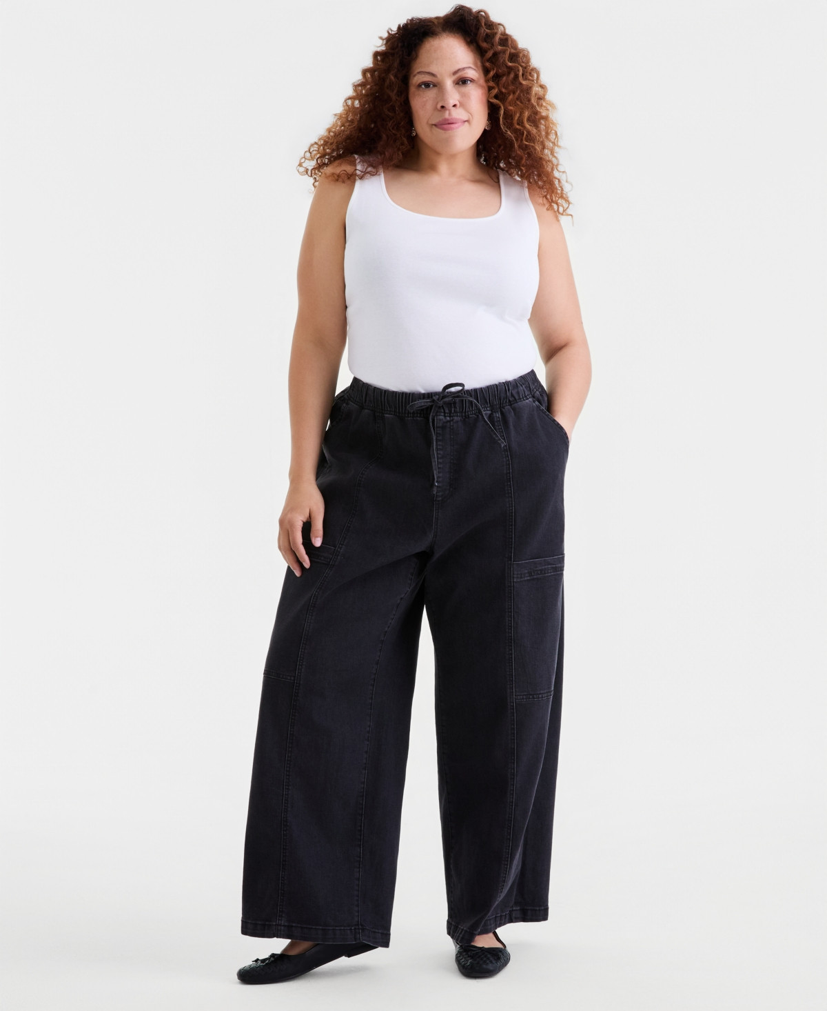 Style & Co Plus Size Pull-On Utility Wide-Leg Jeans, Macy's Exclusive - Black Rinse | Macy's