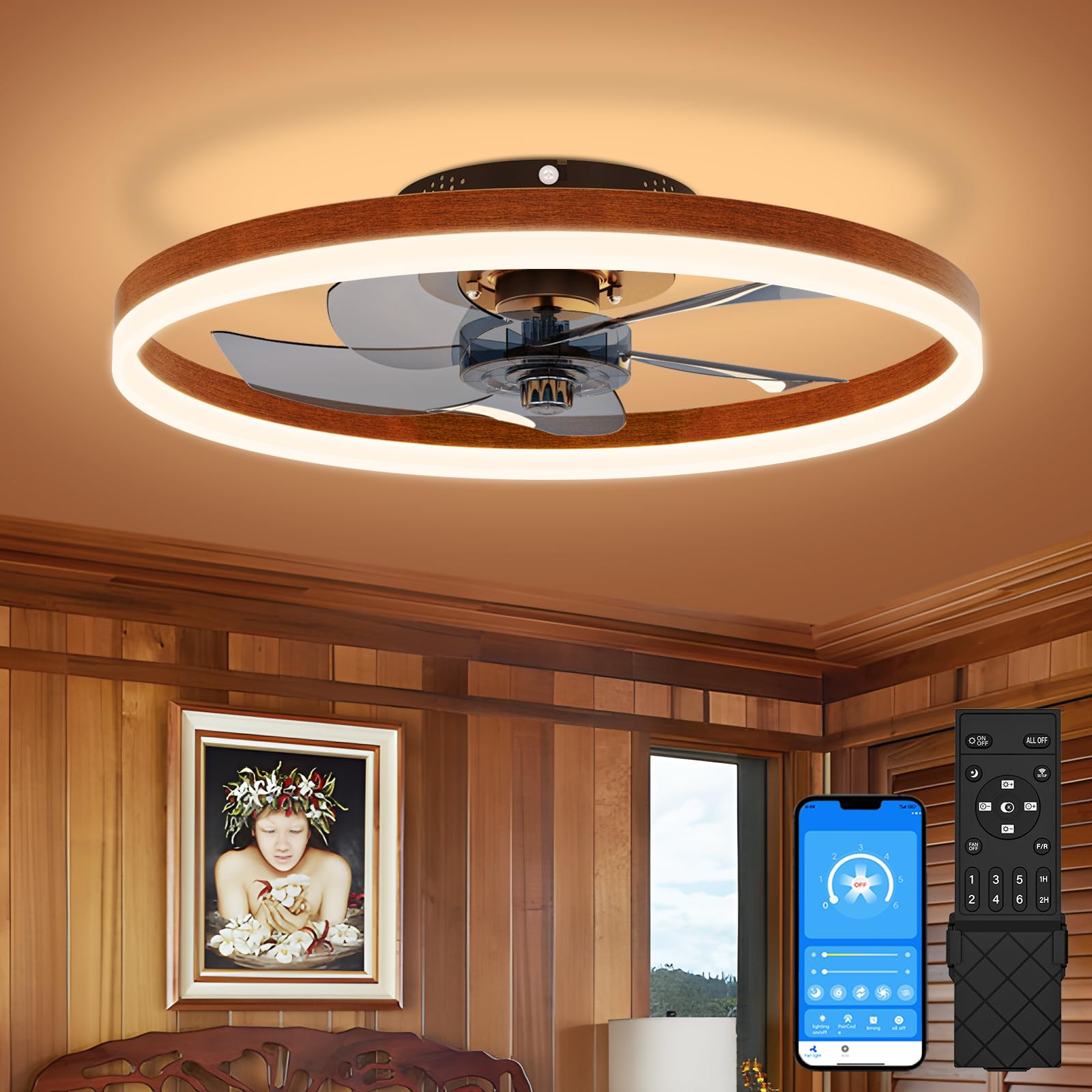 VOLISUN Farmhouse Ceiling Fans with Lights and Remote, 19.7in Low Profile Ceiling Fan Flush Mount... | Amazon (US)